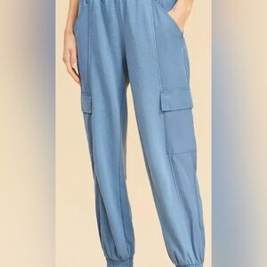 LOU & GREY LOFT Mixed Media Cargo Jogger Sweatpants Lake Blue Medium